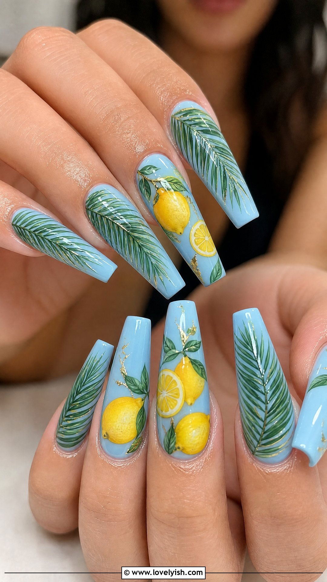 Tropical Lemon Palm Leaf Nails - 50 lemon nail design ideas - 50 lemon nail design ideas