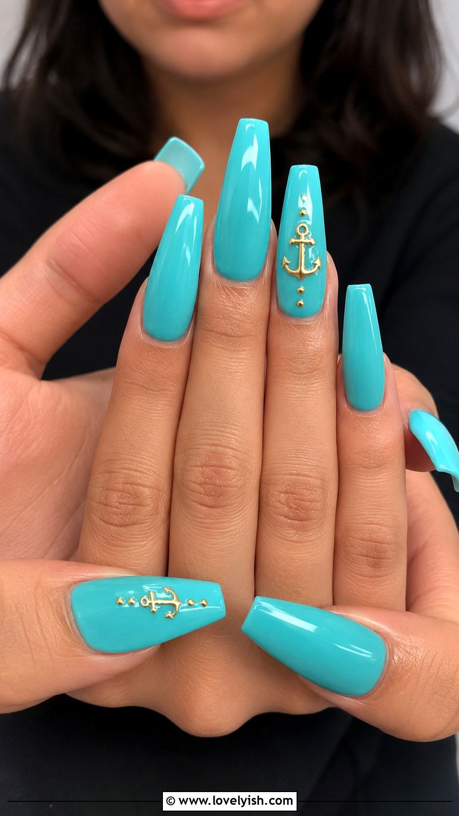 Turquoise Anchor With Gold Accents - 50 anchor nail designs - 50 anchor nail designs
