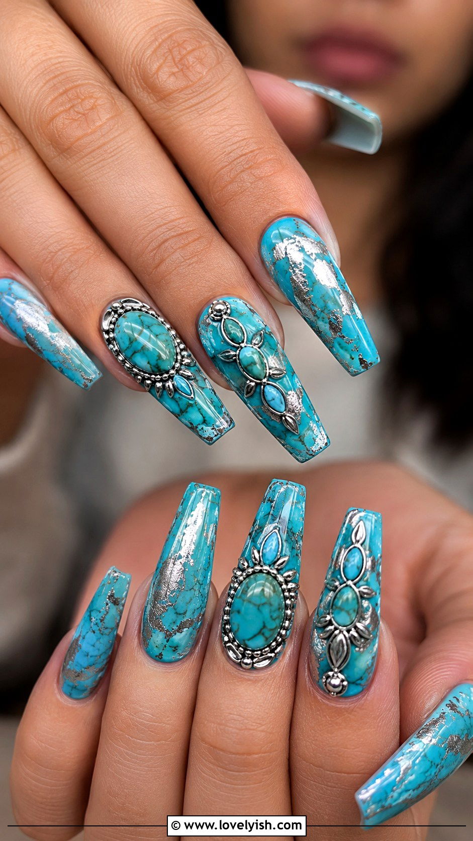 Turquoise and Silver Western Nails - 50 western nail designs - 50 western nail designs