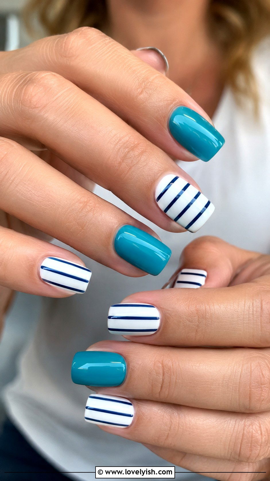 Turquoise and White Nautical Stripe Nails - 50 vacation nails - 50 vacation nails