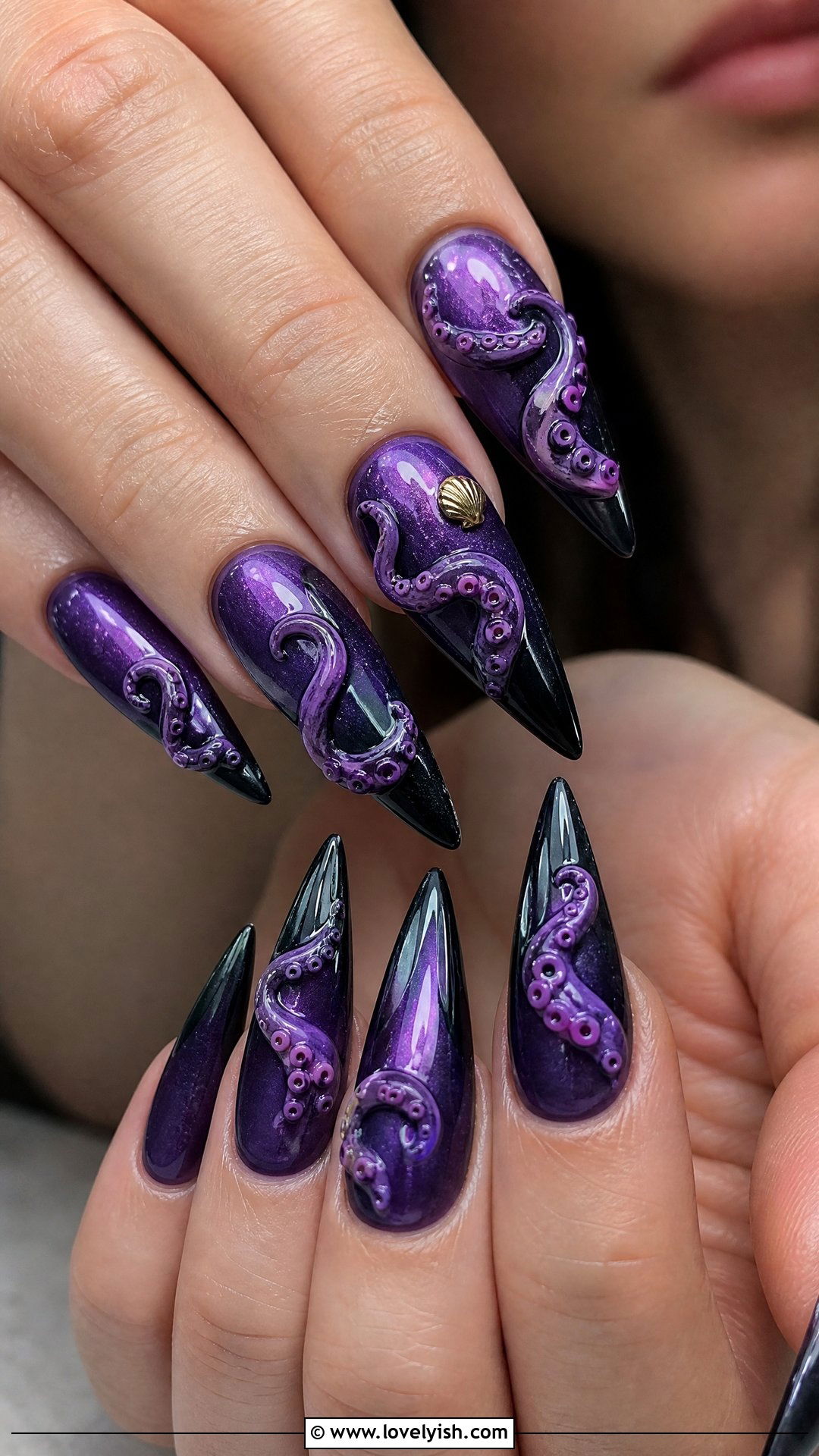 Ursula Purple and Black Nails - 50 disney nail designs - 50 disney nail designs