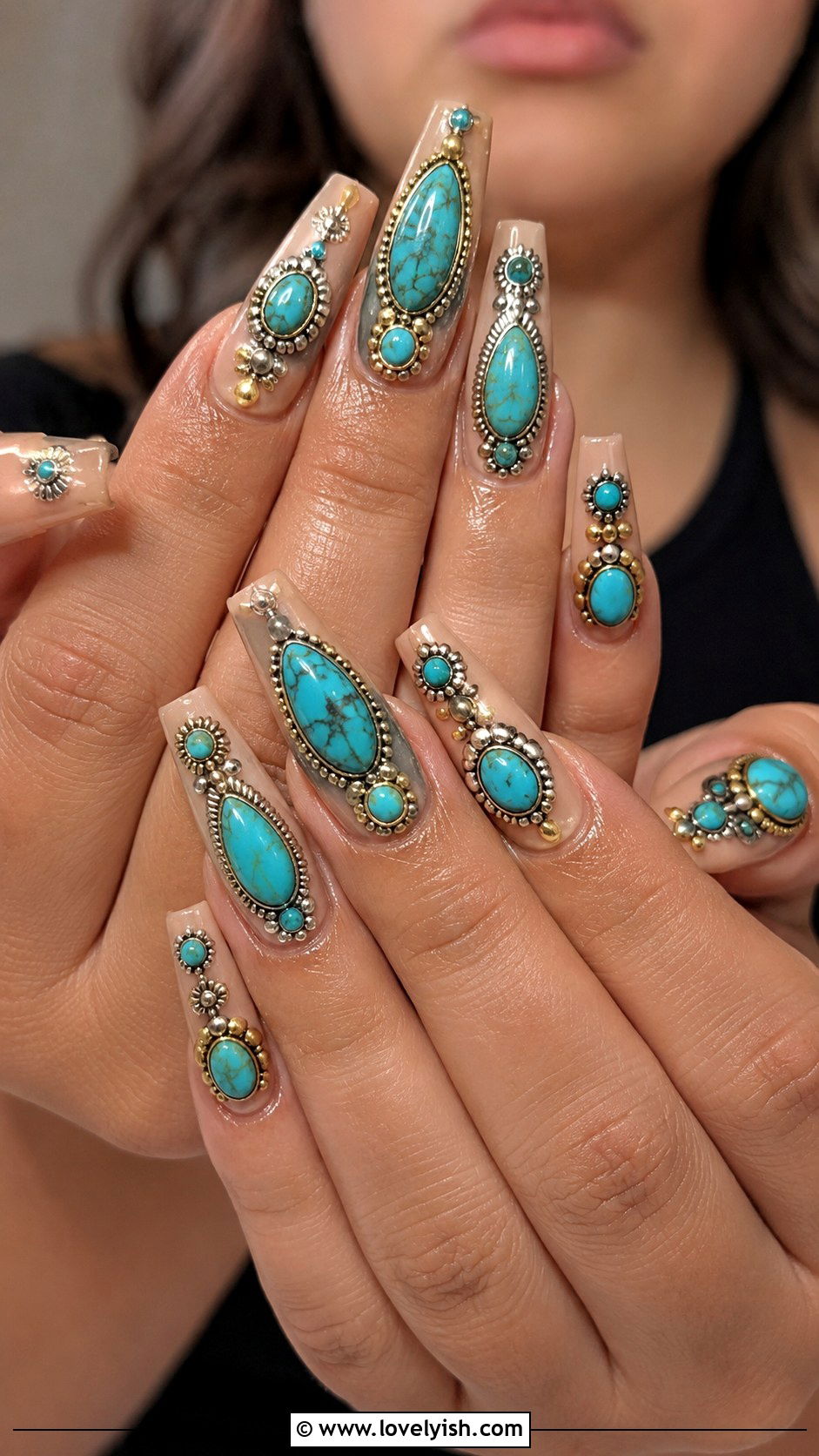 Western 3D Turquoise Gem Nails - 50 western nail designs - 50 western nail designs