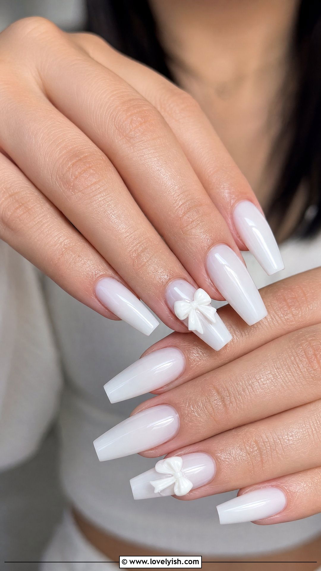 White 3D Bow Nails on Milky Base - 25 bow nail design ideas - 25 bow nail design ideas