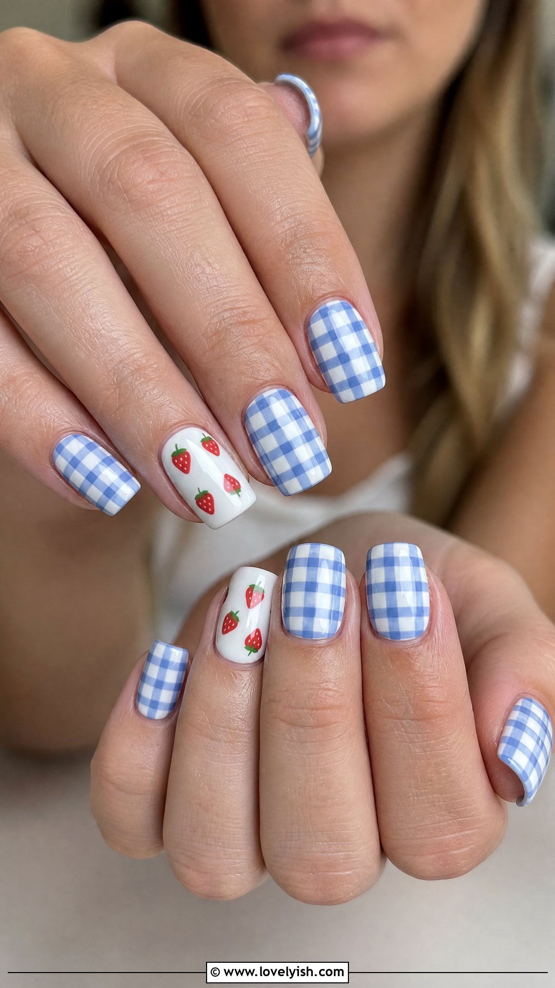 White Base with Blue Gingham Nails - 25 4th of july nail art ideas - 25 4th of july nail art ideas