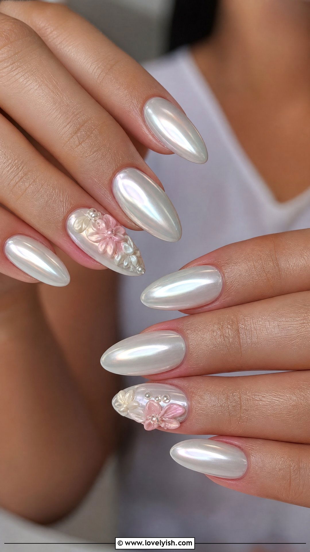 White Chrome Nails With 3D Floral Art - 50 white chrome nails - 50 white chrome nails