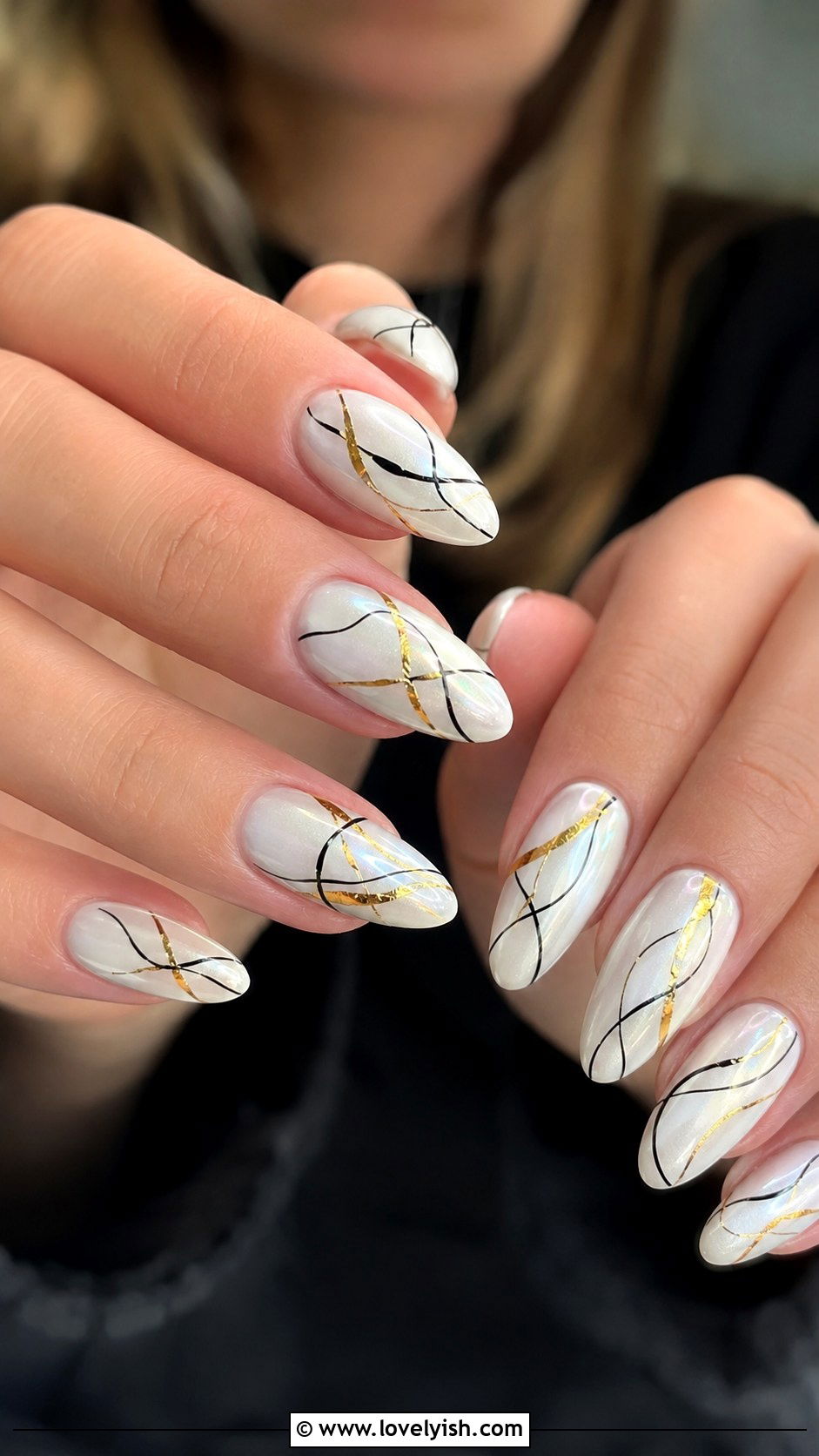 White Chrome Nails With Abstract Line Art - 50 white chrome nails - 50 white chrome nails