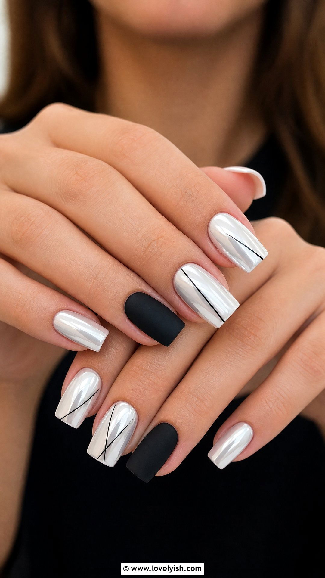 White Chrome Nails With Black Accent Details - 50 white chrome nails - 50 white chrome nails