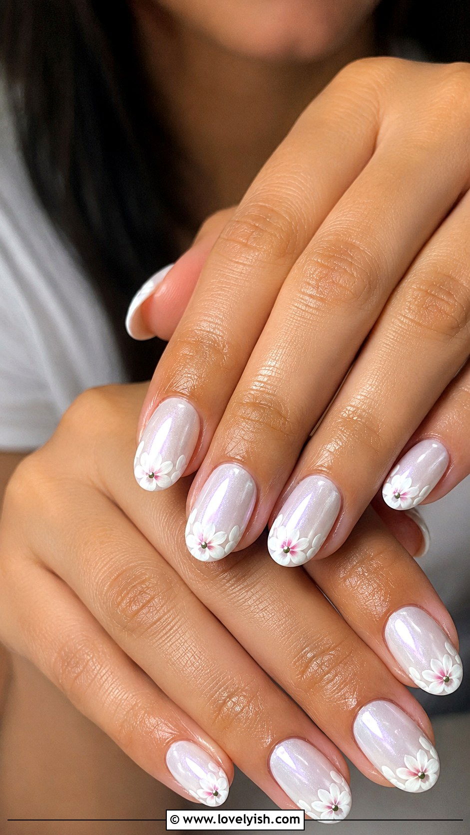 White Chrome Nails With Floral French Tips - 50 white chrome nails - 50 white chrome nails
