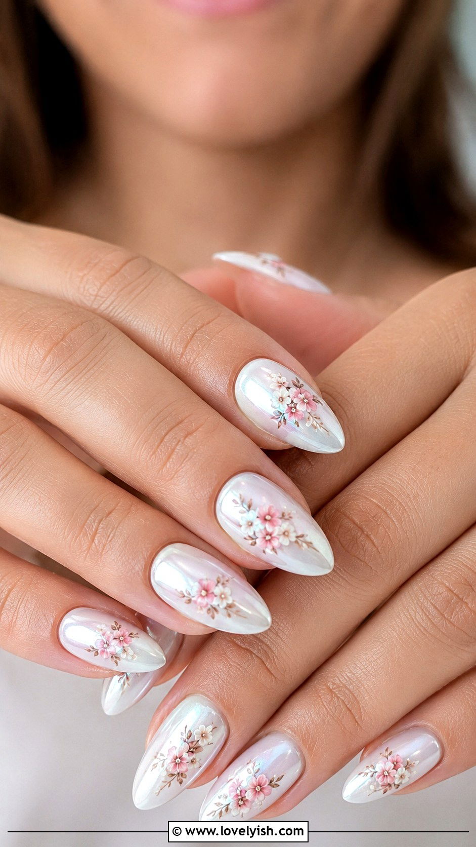 White Chrome Nails With Floral Nail Stickers - 50 white chrome nails - 50 white chrome nails
