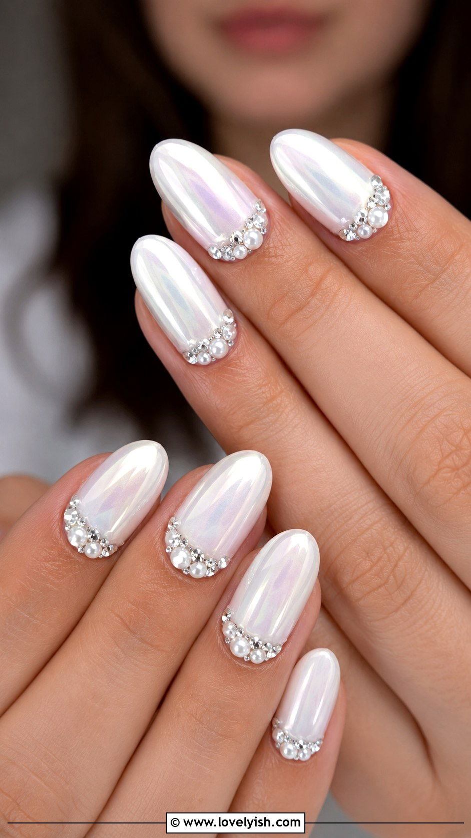 White Chrome Nails With Gems and Pearls - 50 white chrome nails - 50 white chrome nails