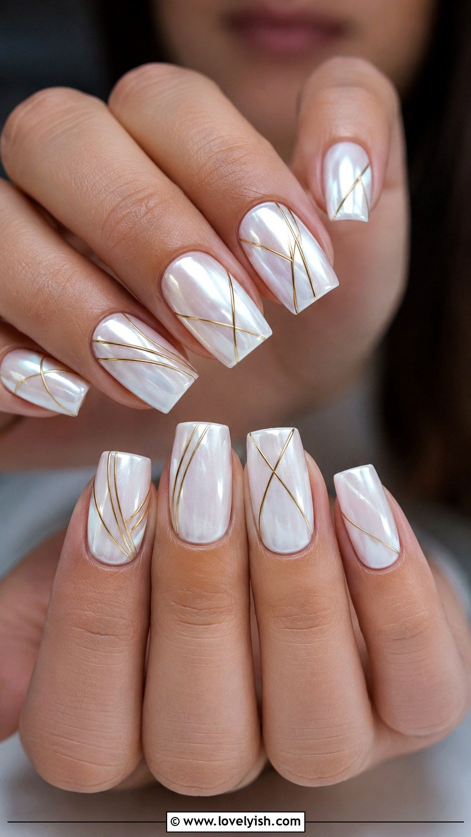 White Chrome Nails With Gold Detail Lines - 50 white chrome nails - 50 white chrome nails