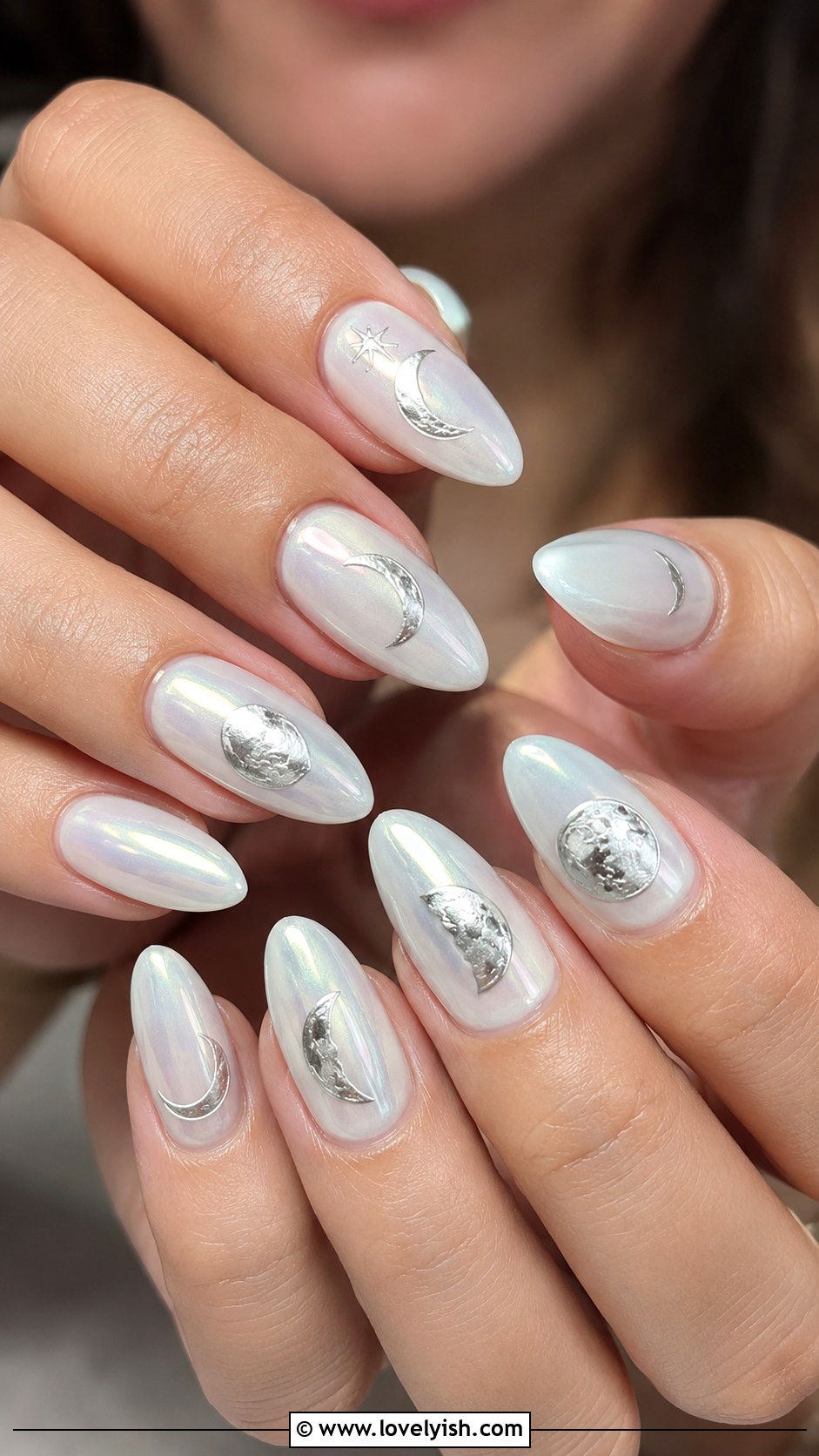 White Chrome Nails With Moon Phase Art - 50 white chrome nails - 50 white chrome nails