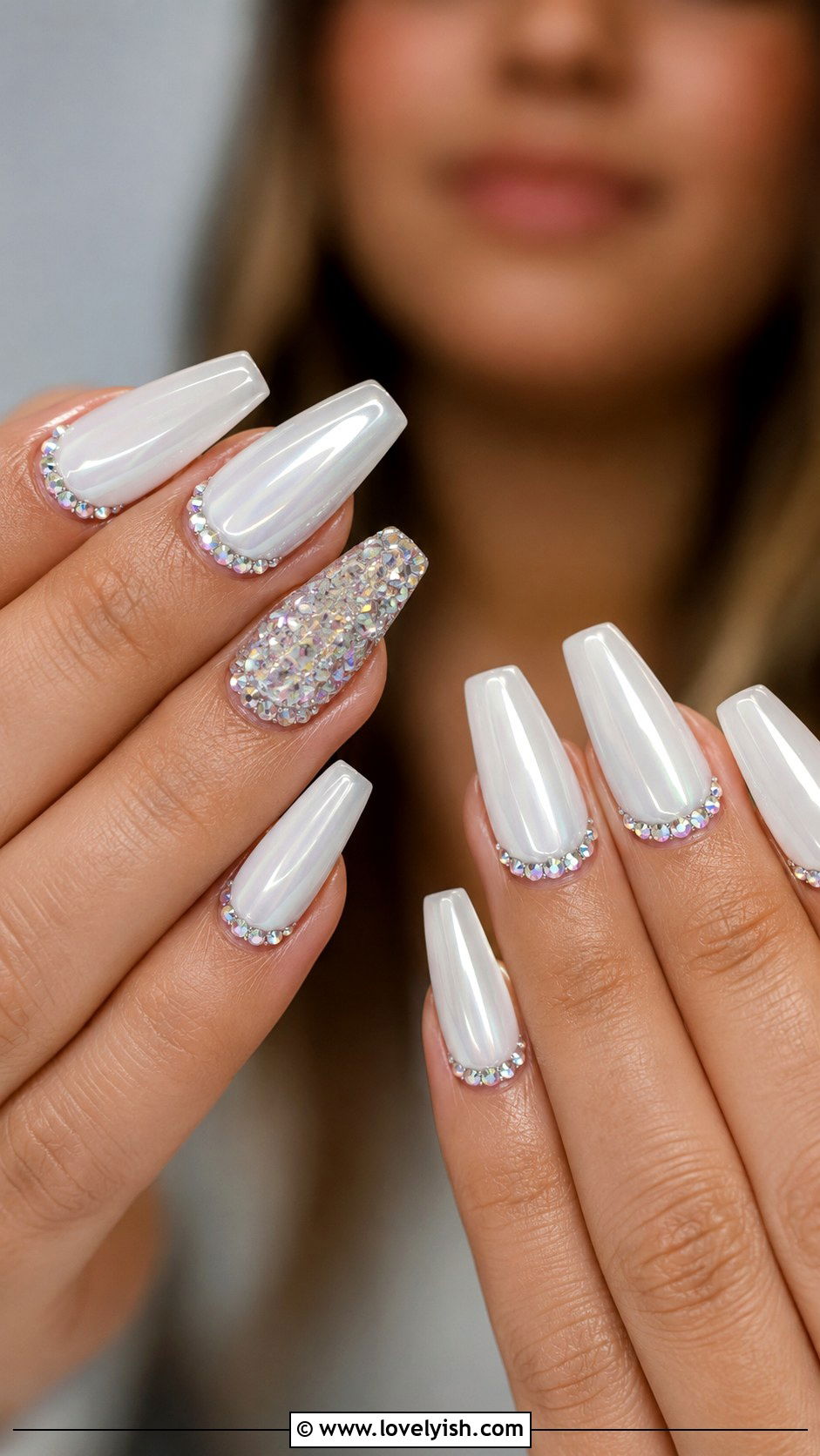 White Chrome Nails With Rhinestone Accents - 50 white chrome nails - 50 white chrome nails