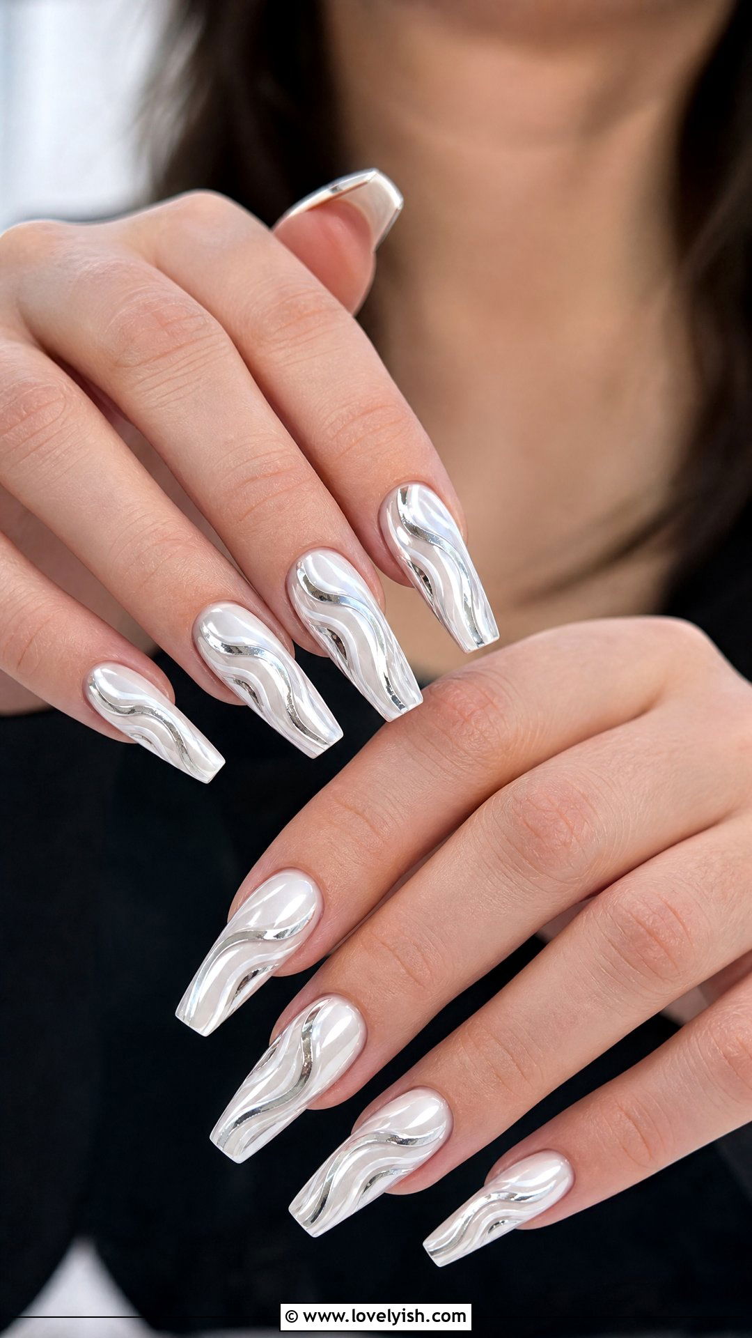 White Chrome Nails With Swirl Art - 50 white chrome nails - 50 white chrome nails