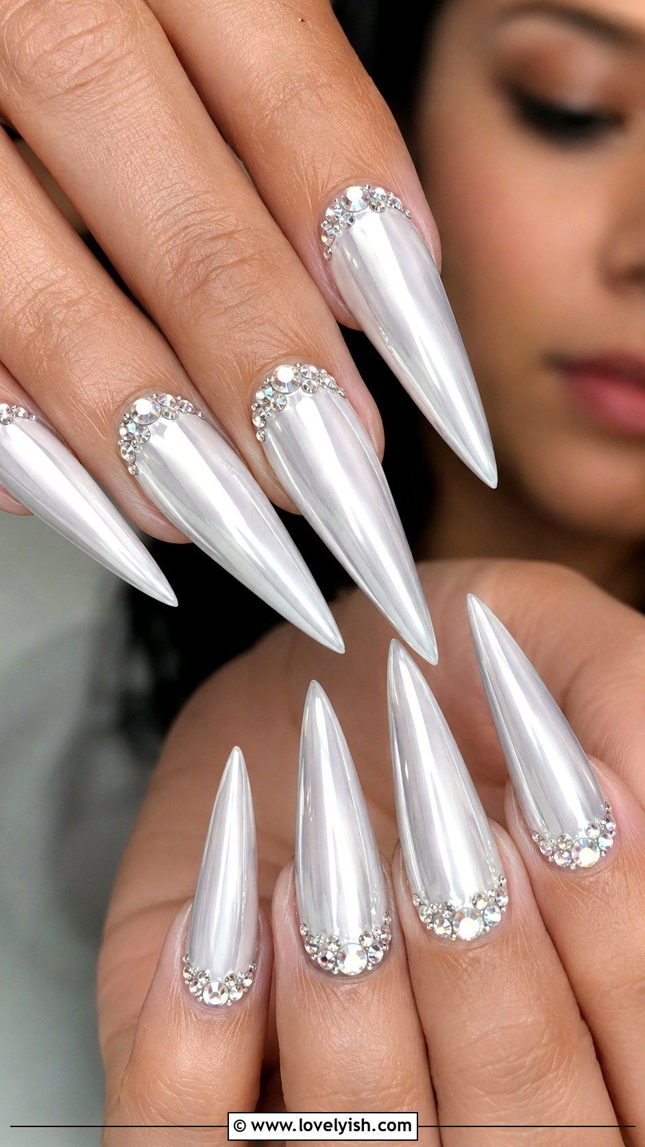 White Chrome Stiletto Nails With Gem Accents - 50 white chrome nails - 50 white chrome nails