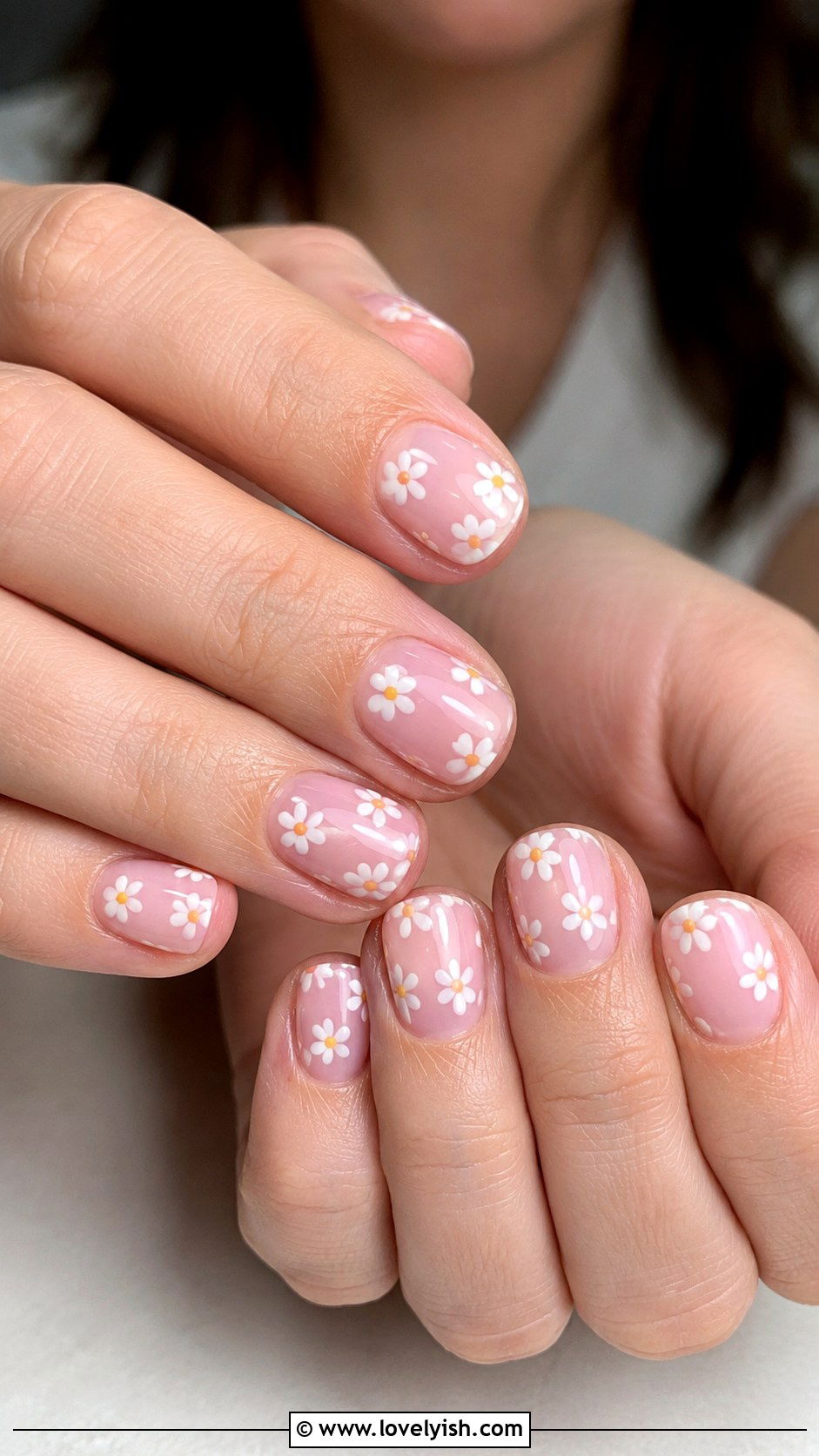 White Daisy Nails on Pink Base - 38 flower nail art ideas - 38 flower nail art ideas