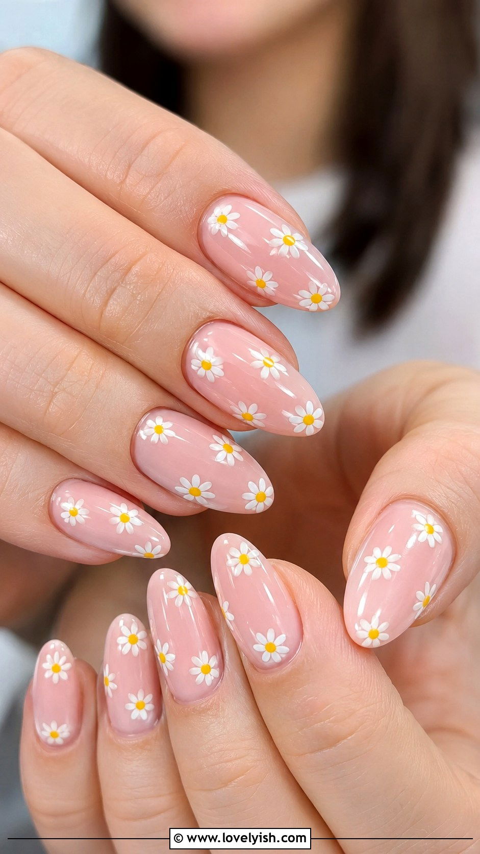 White Daisy Nails on Sheer Pink Base - 31 flower nail design ideas - 31 flower nail design ideas
