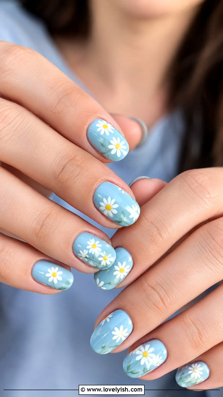 White Daisy on Sky Blue Nails - 43 summer nail designs - 43 summer nail designs