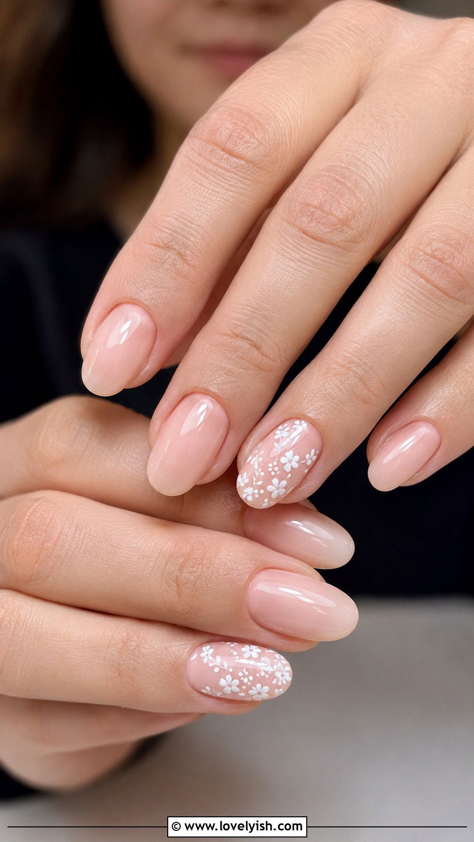 White Floral Nail Art on Nude Base for Bride - 25 wedding nails for bride - 25 wedding nails for bride