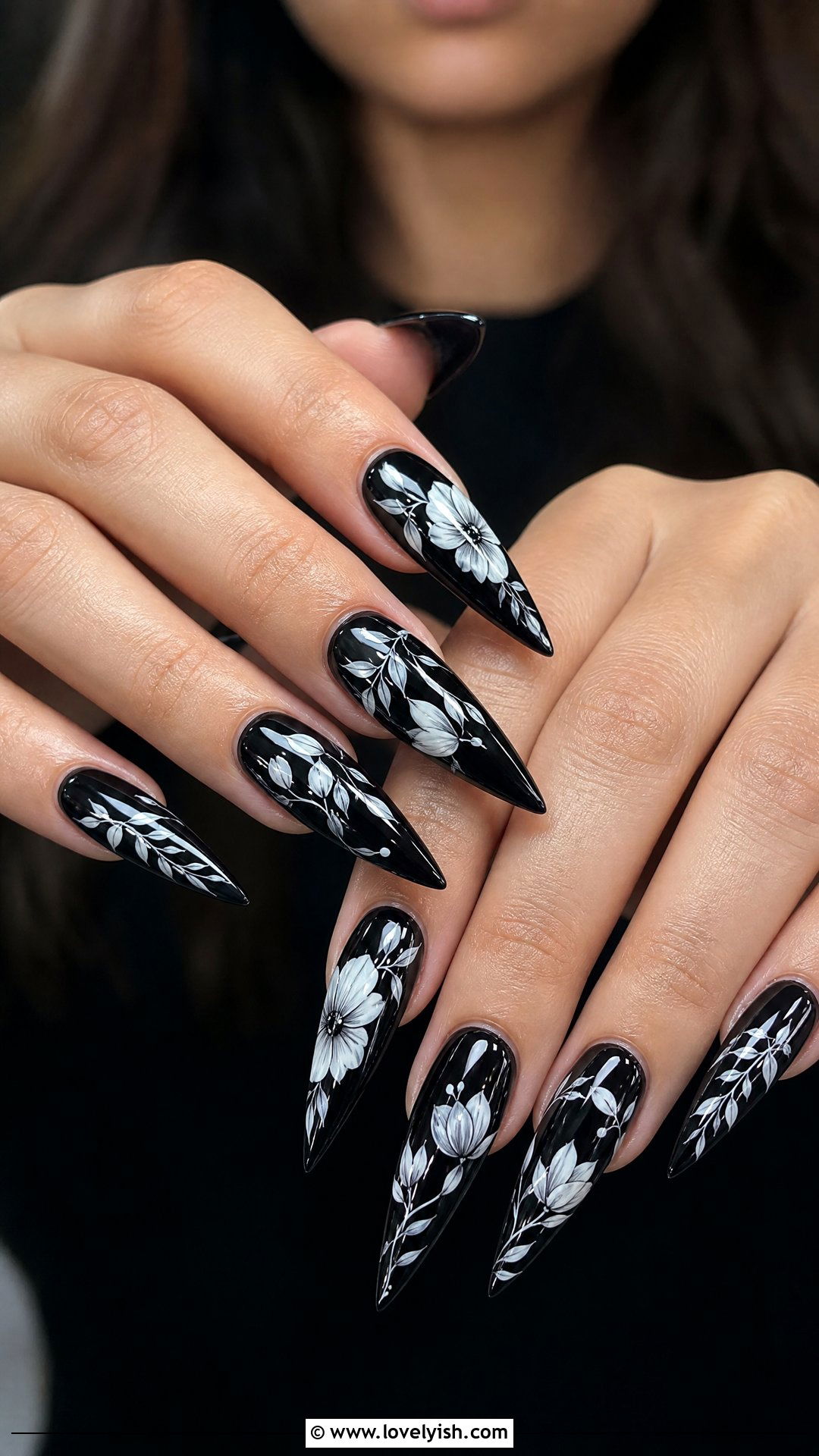 White Floral Nails on Black Base - 50 black and white nail designs - 50 black and white nail designs