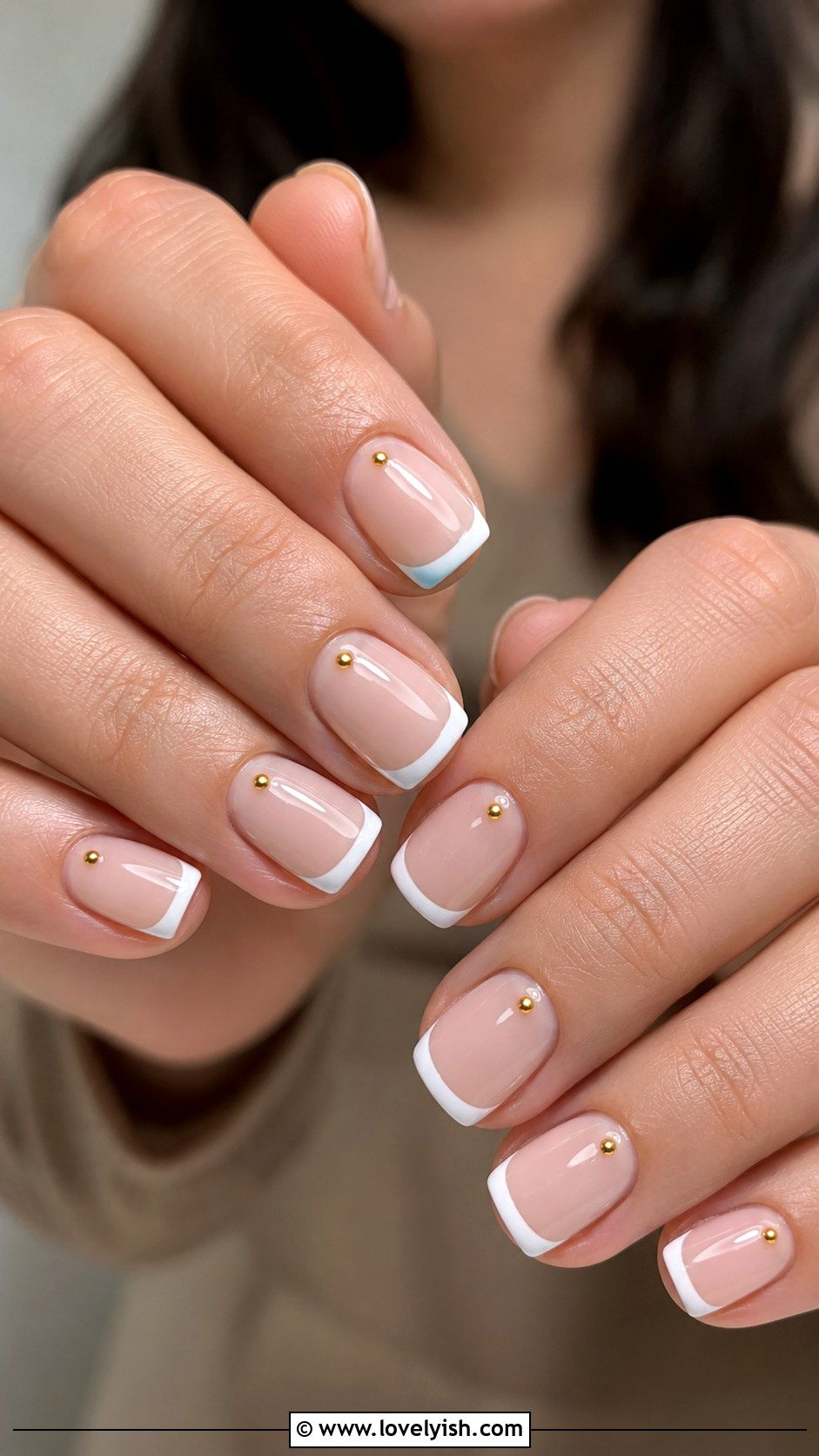 White French Tip with Gold Bead Nails - 50 back to school nails - 50 back to school nails
