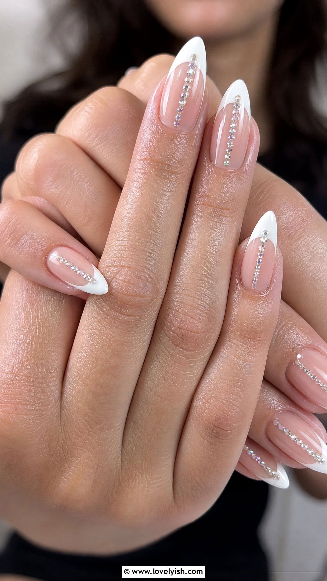 White French Tips With Rhinestone Trail Down Center - 29 nail designs with rhinestones - 29 nail designs with rhinestones