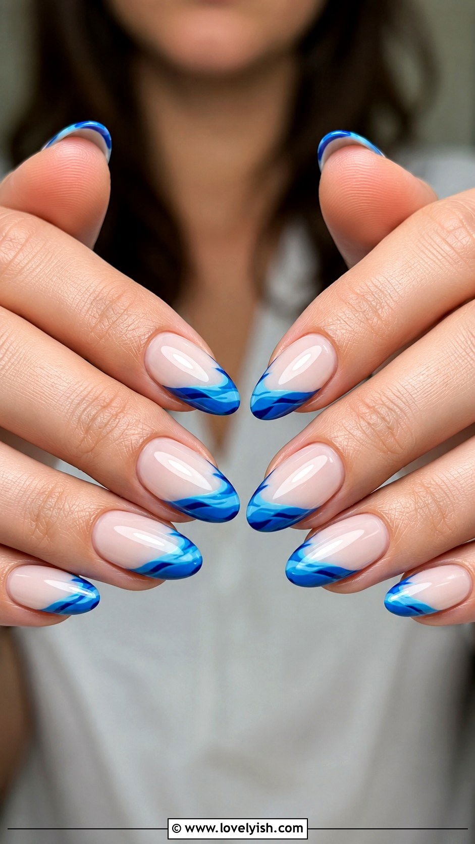 White French With Blue Wave Tip - 50 beach nails - 50 beach nails