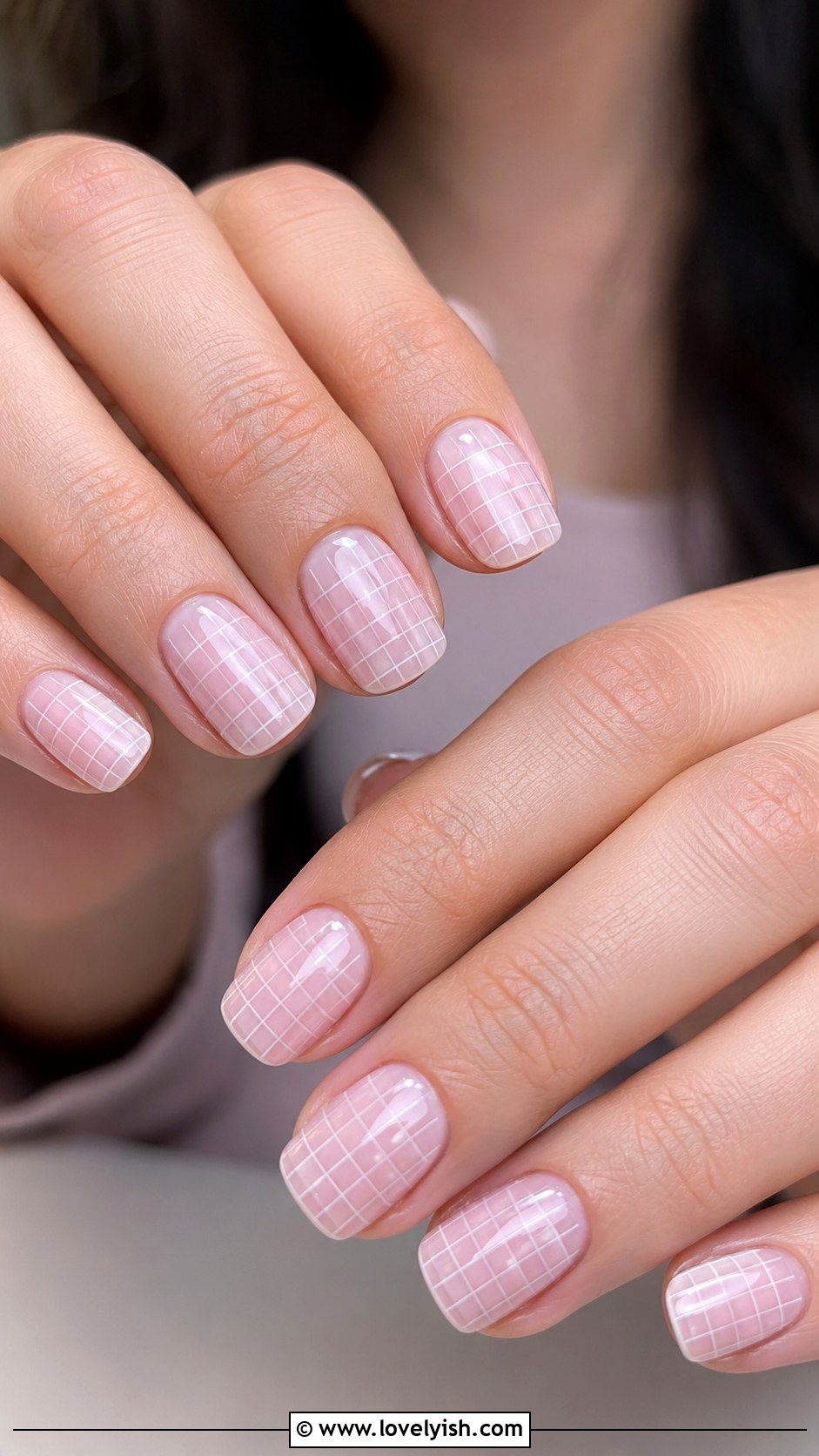 White Grid Nails on Sheer Pink - 25 geometric nail designs - 25 geometric nail designs