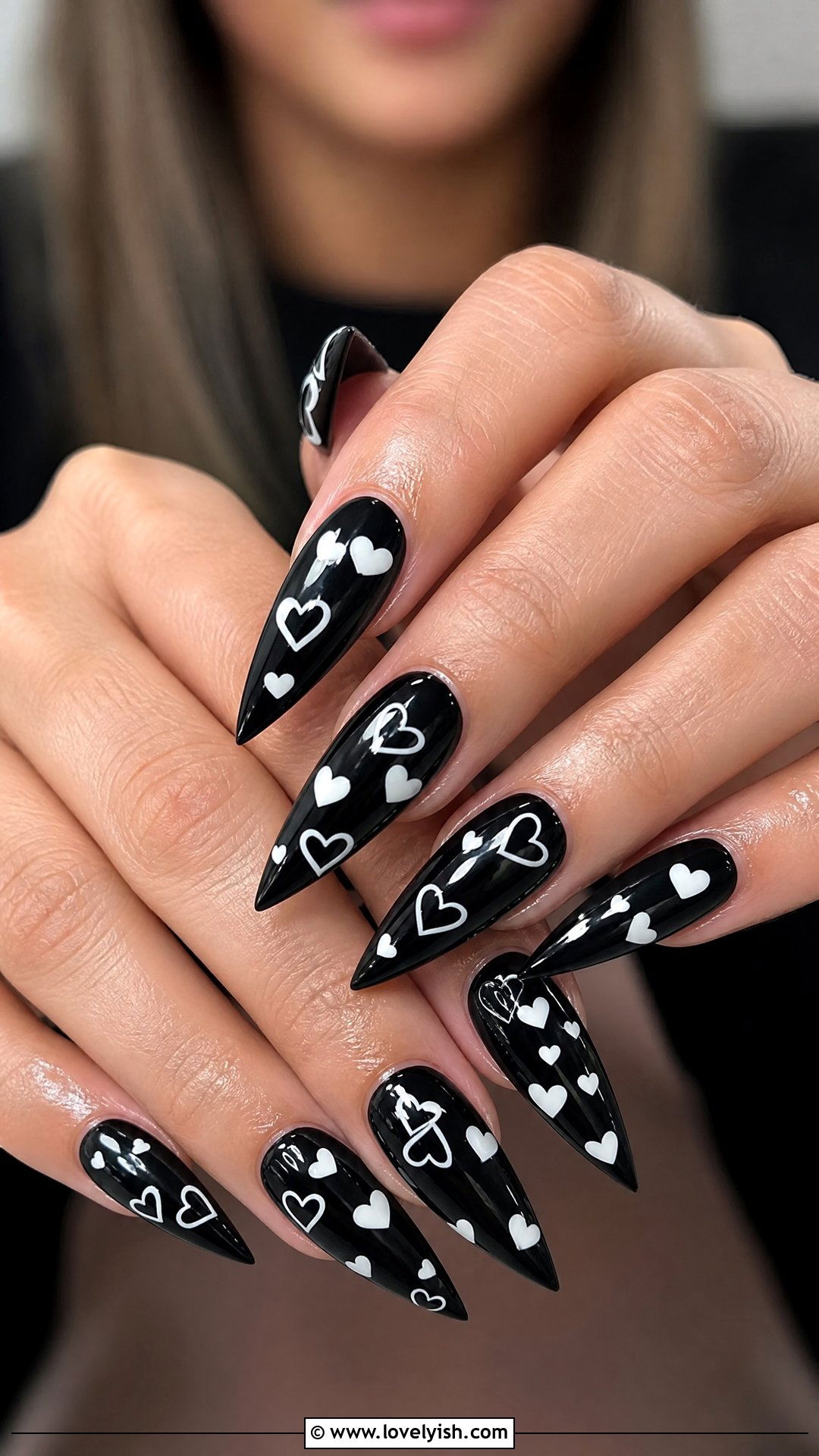 White Heart Nails on Black Base - 50 black and white nail designs - 50 black and white nail designs