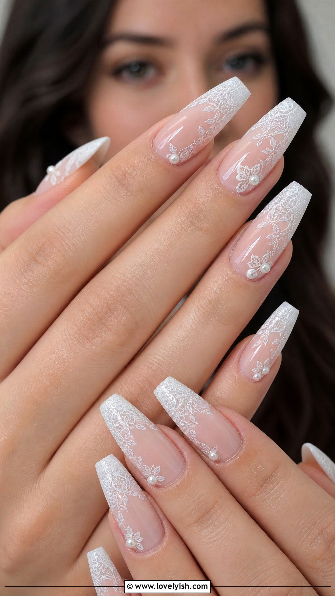 White Lace Bridal Coffin Nails - 28 nail designs for long nails - 28 nail designs for long nails