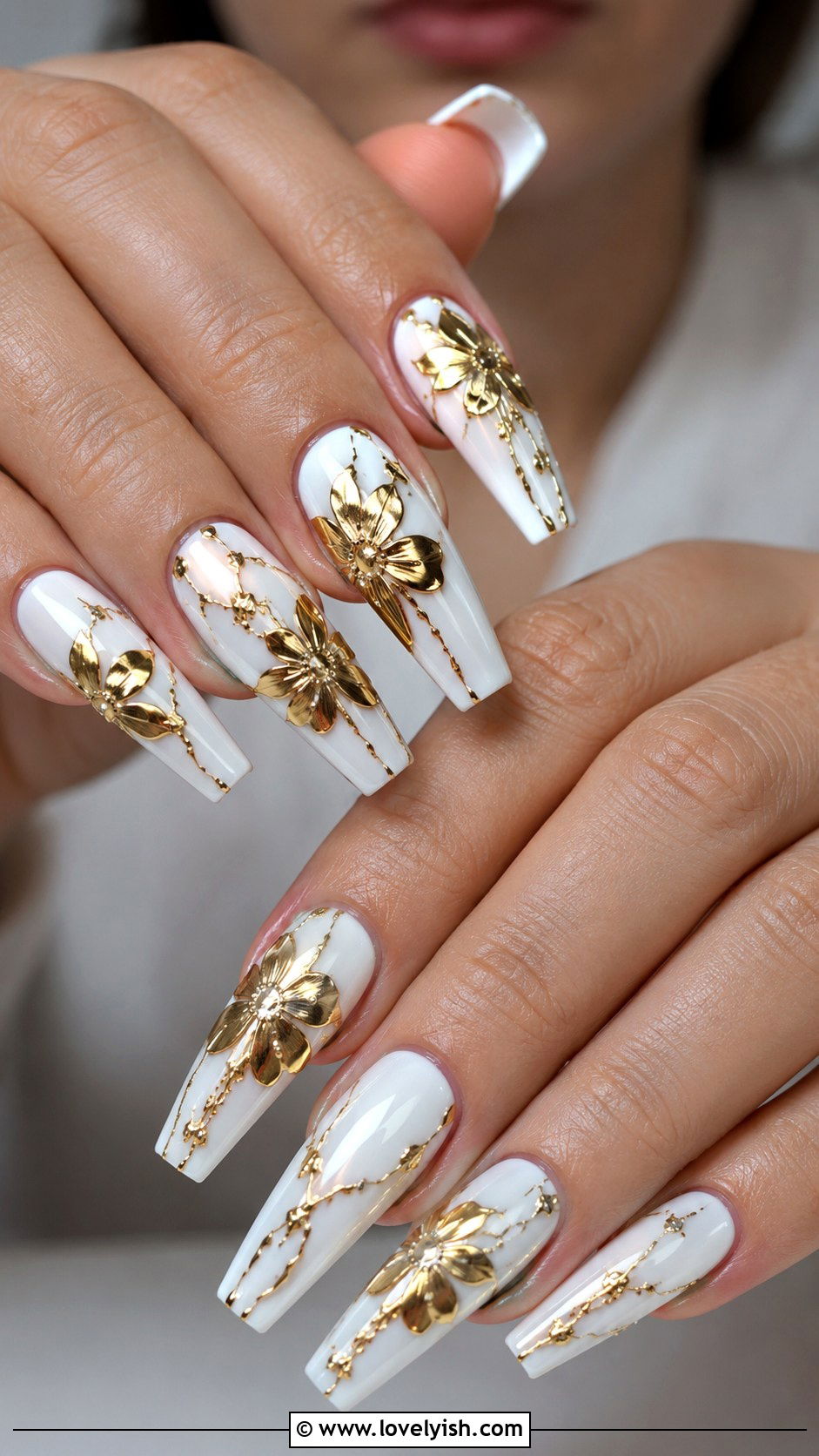 White Nail Art With Gold Accents - 50 white nails - 50 white nails