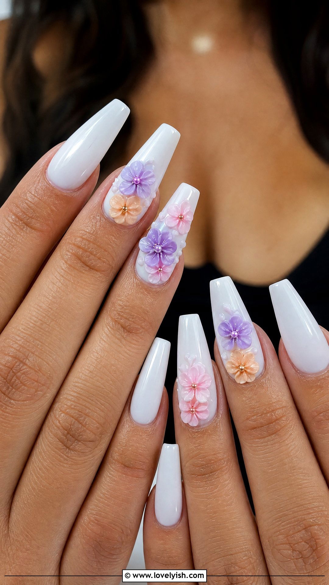 White Nails With 3D Flowers - 28 spring nails design ideas - 28 spring nails design ideas