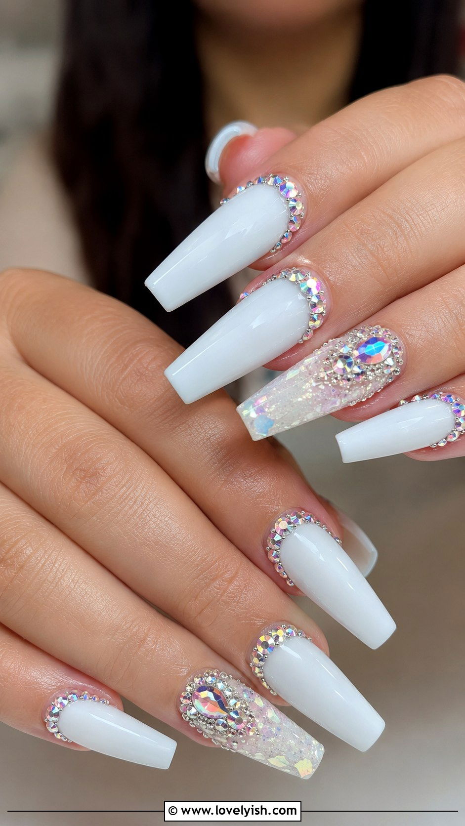White Nails With Rhinestones - 50 white nails - 50 white nails