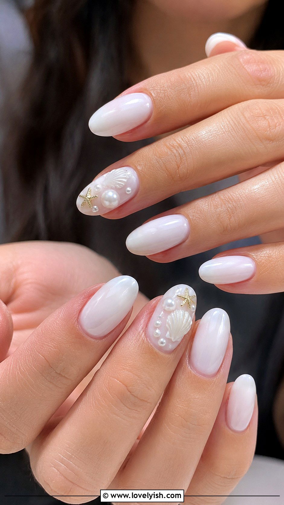 White Nails With Seashell 3D Accents - 50 vacation nails - 50 vacation nails