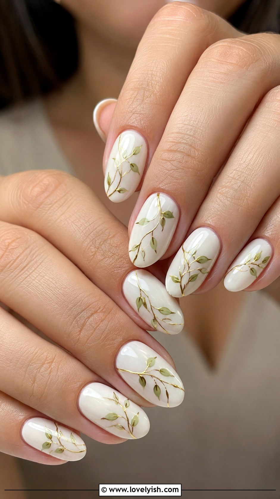 White Nails With Vine and Leaf Art - 38 wedding nail designs - 38 wedding nail designs