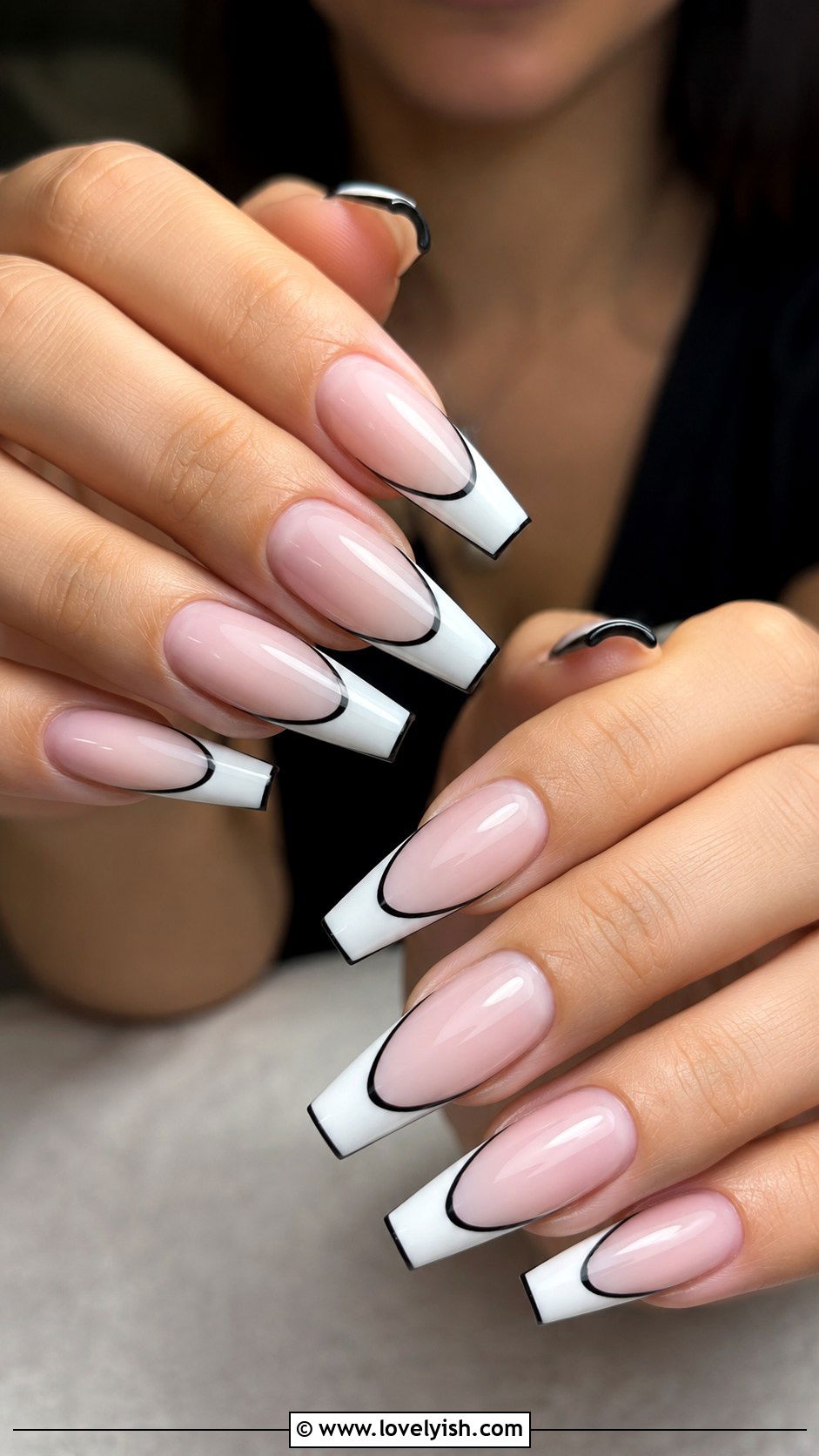 White Nails with Black Outlined French - 33 minimalist nail designs - 33 minimalist nail designs