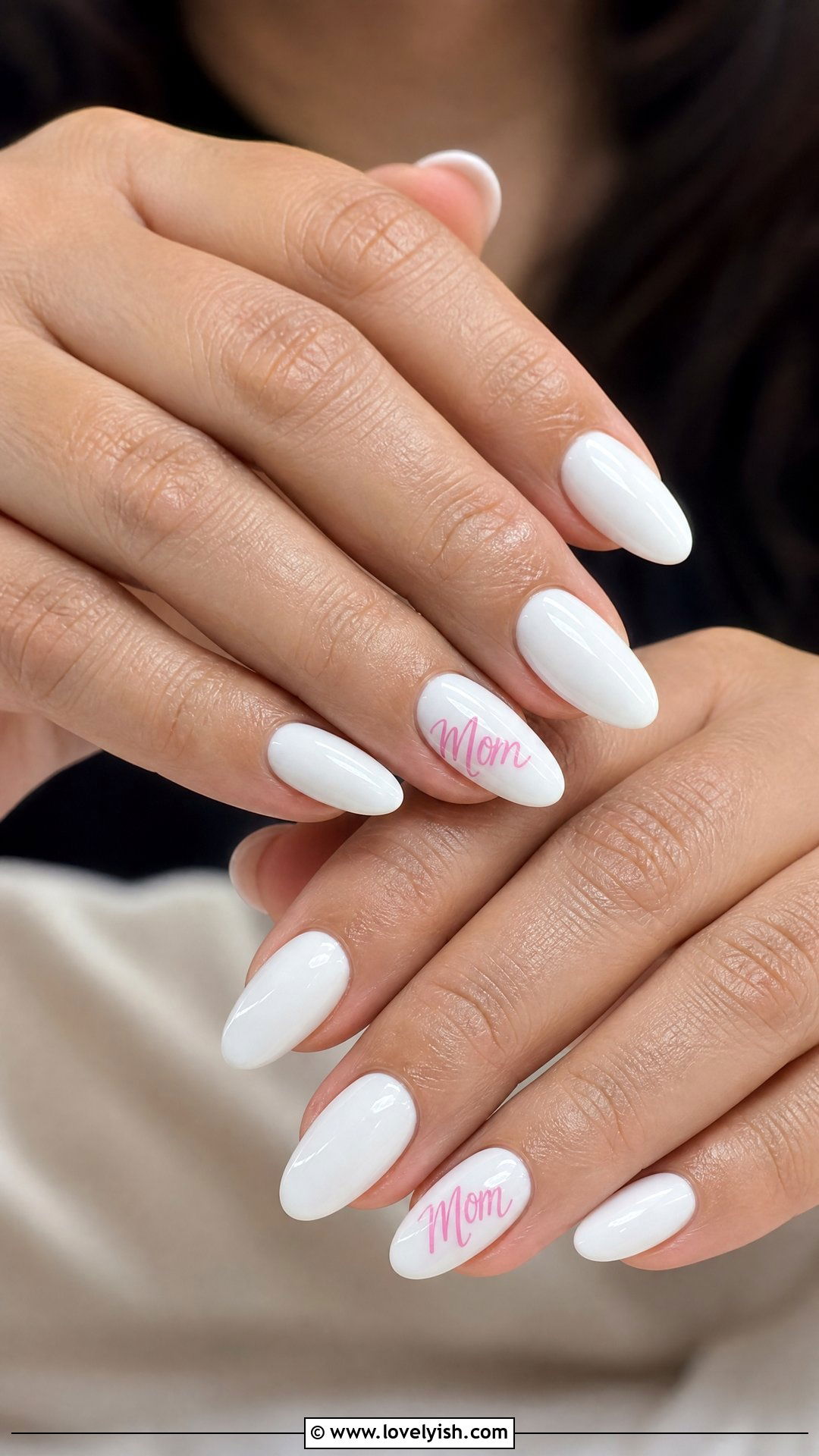 White Nails with Mom Lettering - 50 mothers day nail designs - 50 mothers day nail designs