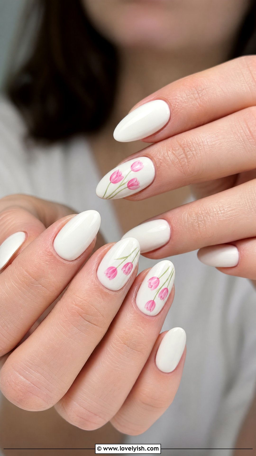 White Nails with Pink Tulips - 50 mothers day nail designs - 50 mothers day nail designs