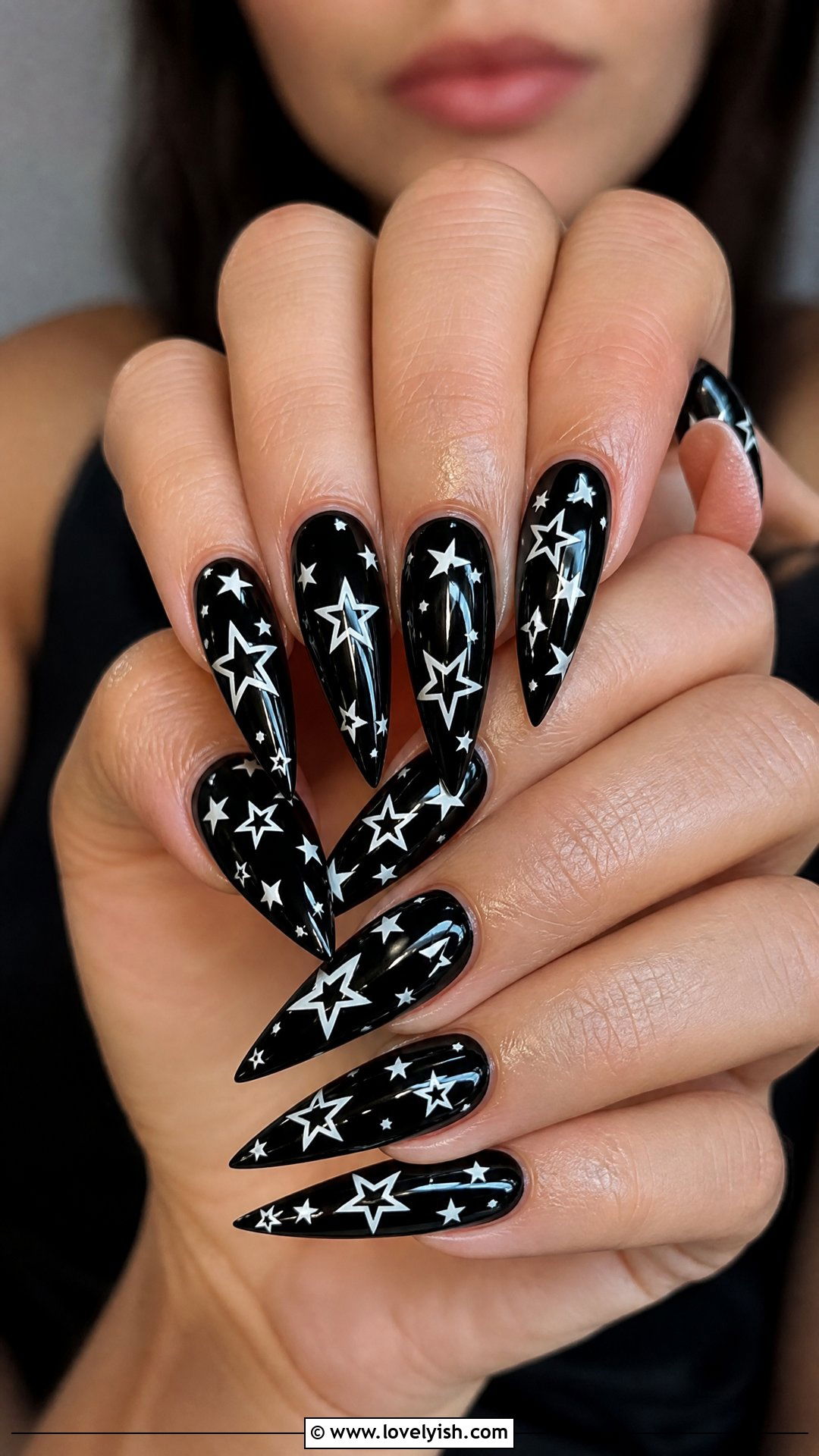 White Star Nails on Black Base - 50 black and white nail designs - 50 black and white nail designs