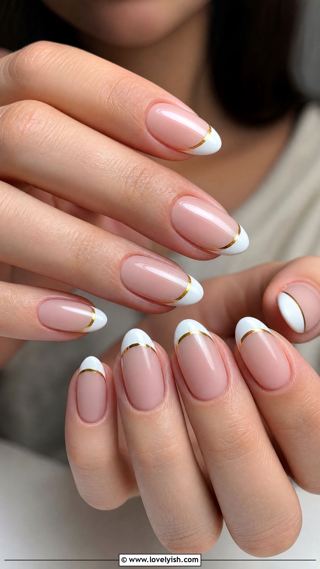 White Tip With Gold Stripe Nails - 50 simple nail art - 50 simple nail art