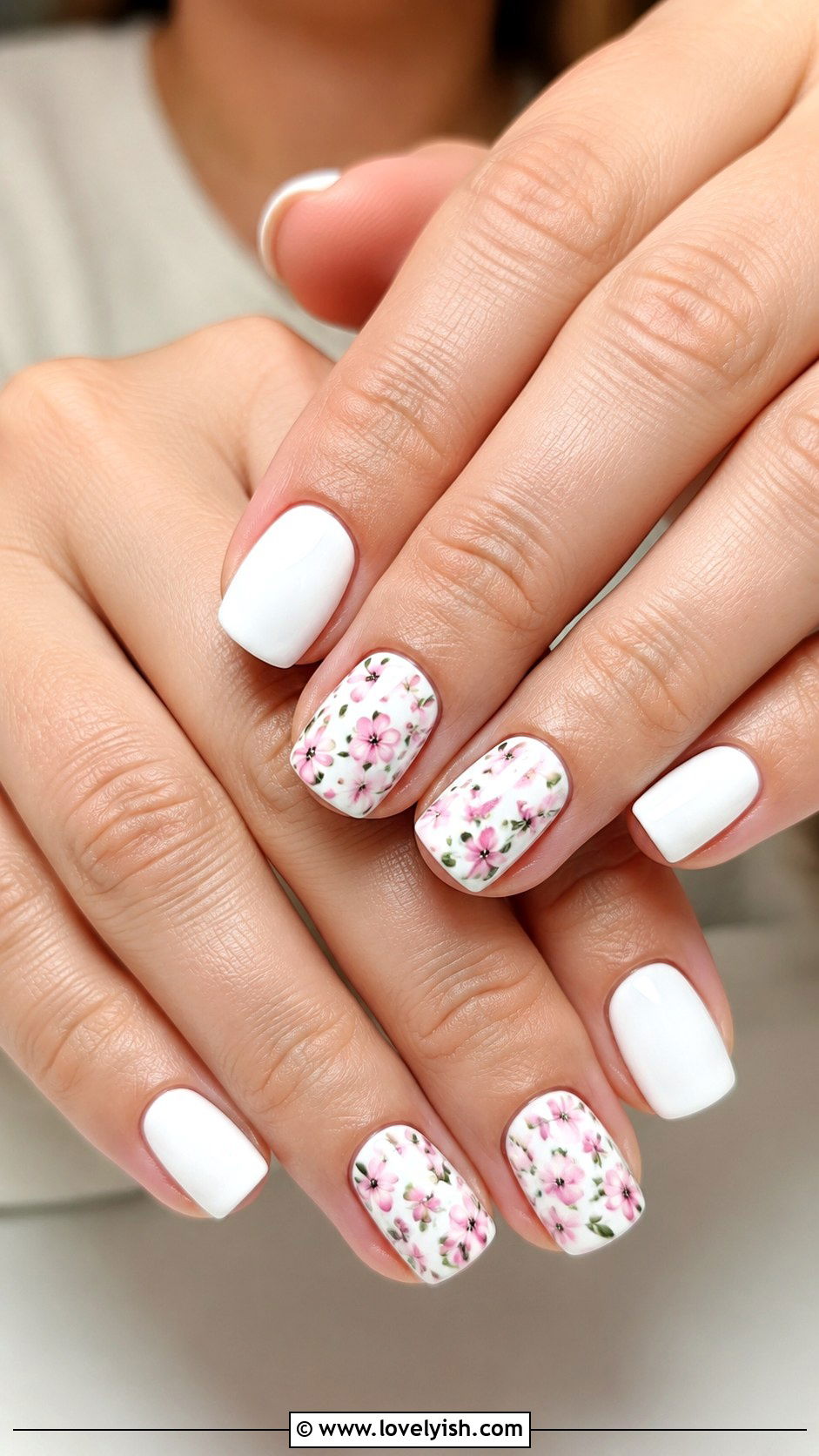 White With Pink Floral Nails - 25 mothers day nail designs - 25 mother's day nail designs