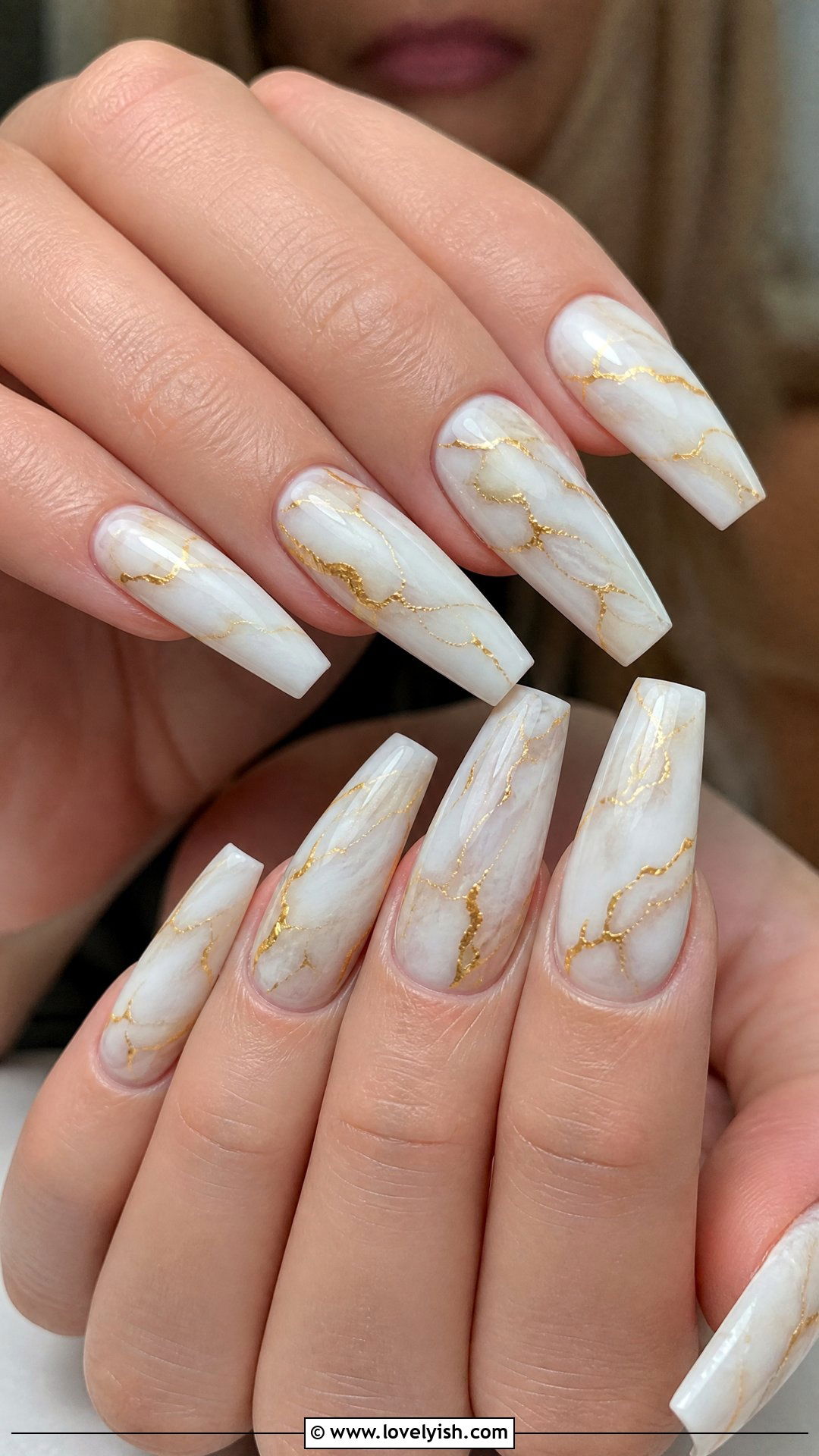 White and Gold Marble Coffin Nails - 50 coffin nails - 50 coffin nails