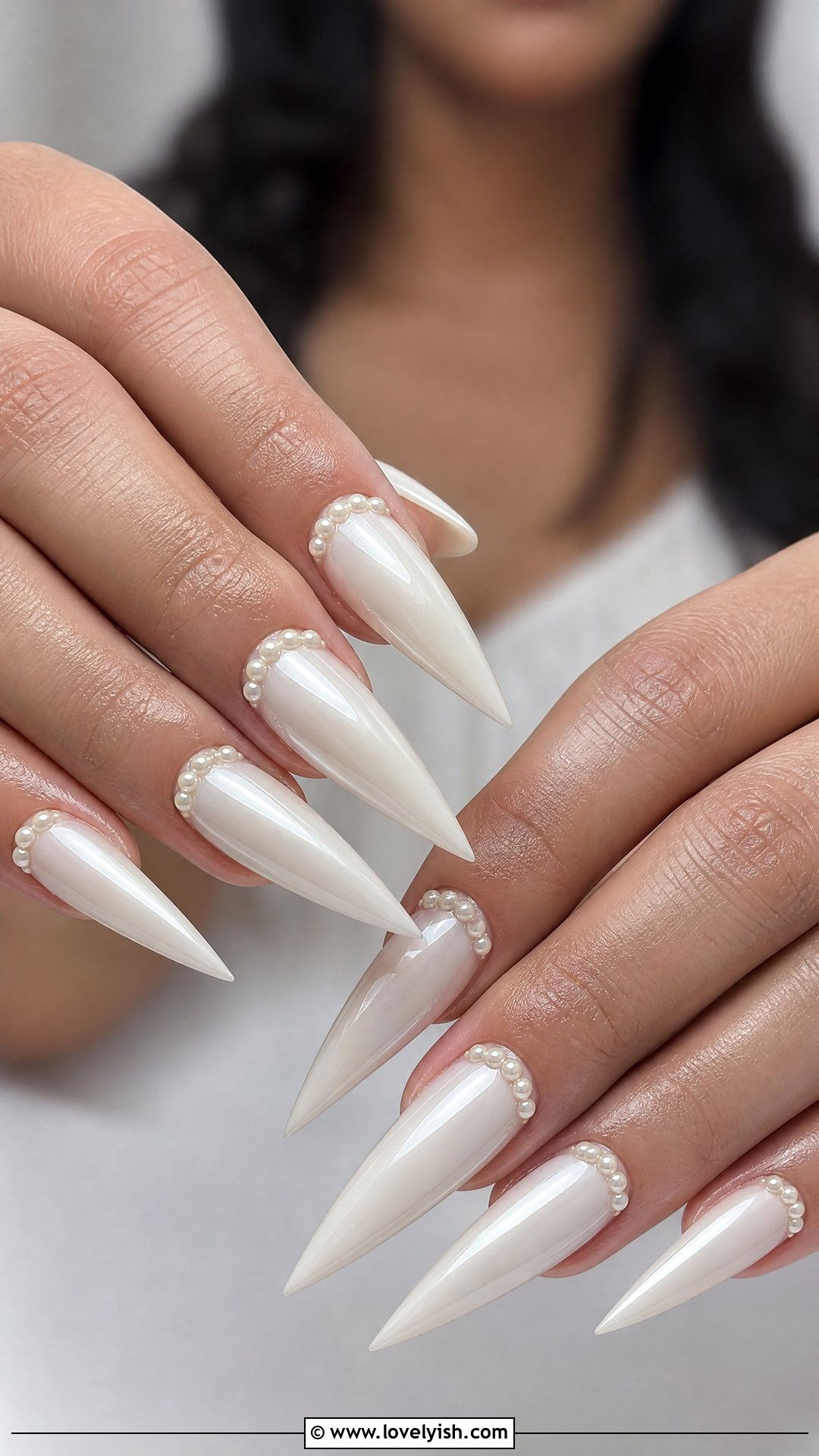 White and Pearl Long Stiletto Nails - 50 long stiletto nails - 50 long stiletto nails