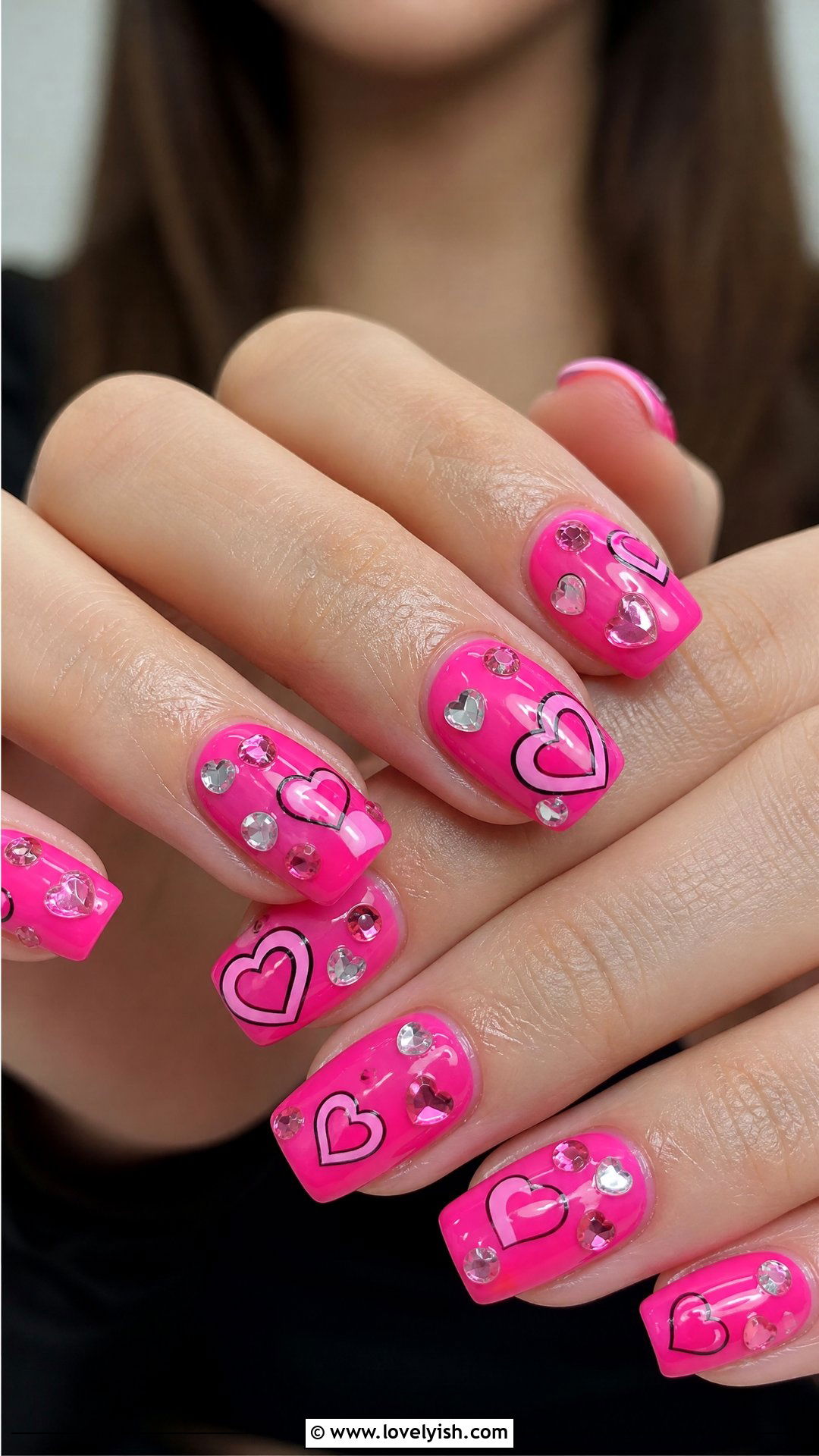 Y2K Heart Nails with Bold Color Base - 25 y2k nail designs - 25 y2k nail designs