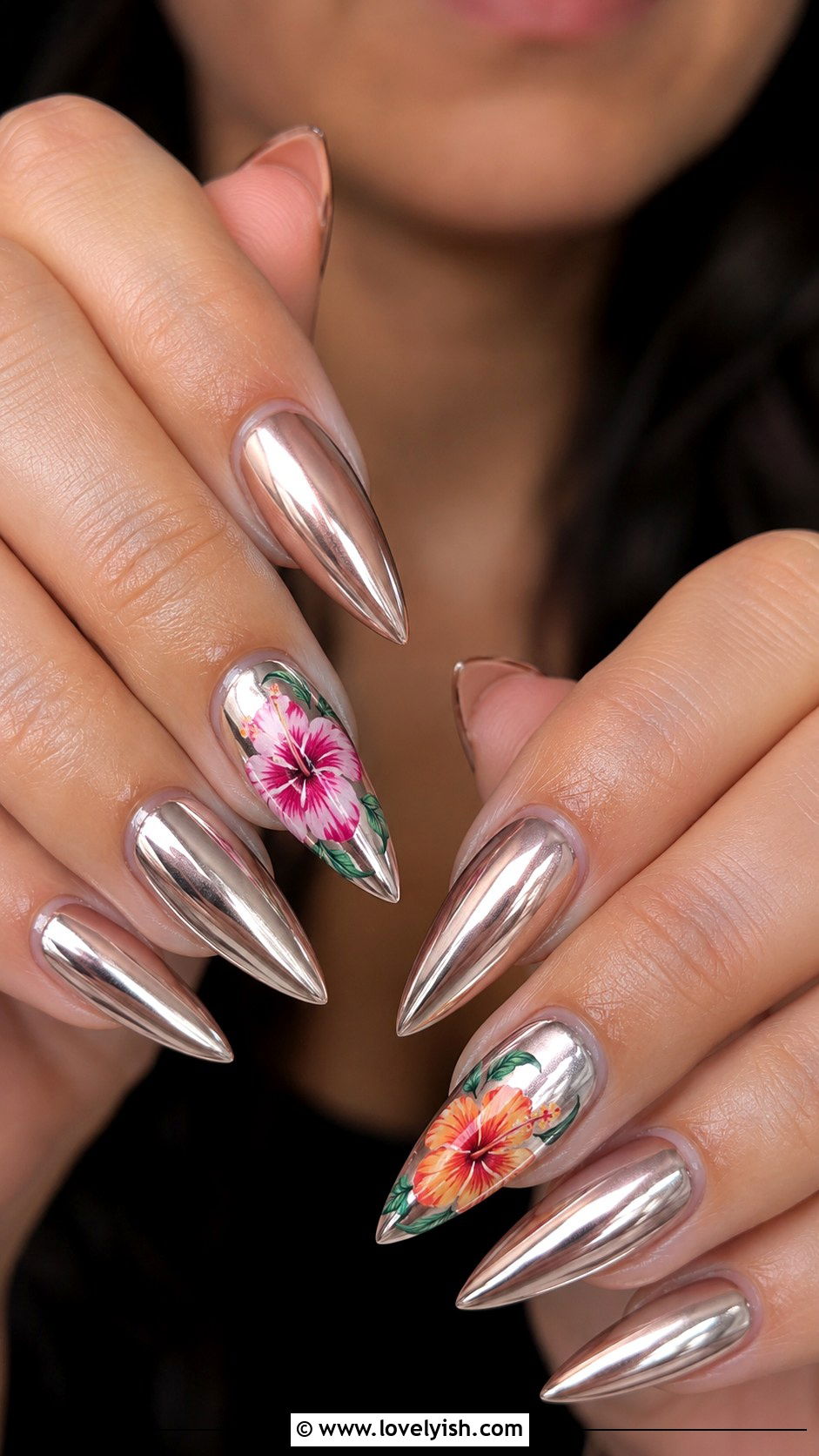 Y2K Hibiscus Flower Chrome Nails - 25 y2k nail designs - 25 y2k nail designs