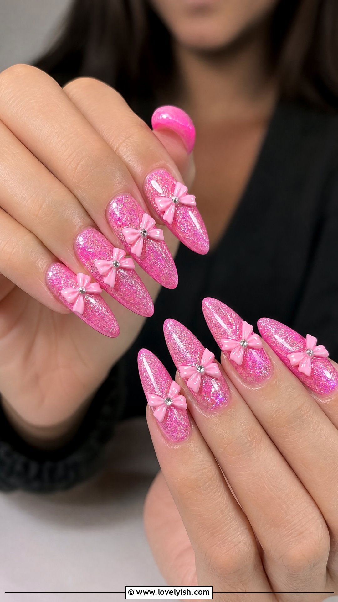Y2K Pink Glitter Bow Nails - 25 bow nail design ideas - 25 bow nail design ideas