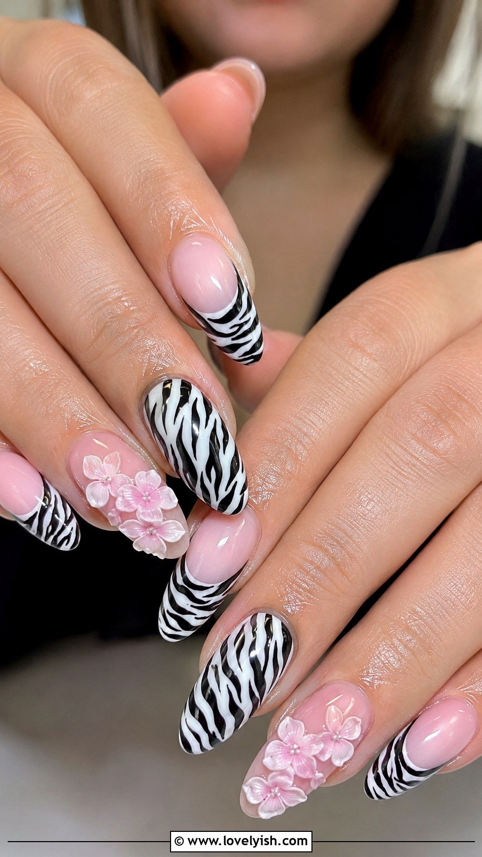 Zebra Print Nails with 3D Flowers - 50 zebra print nails - 50 zebra print nails