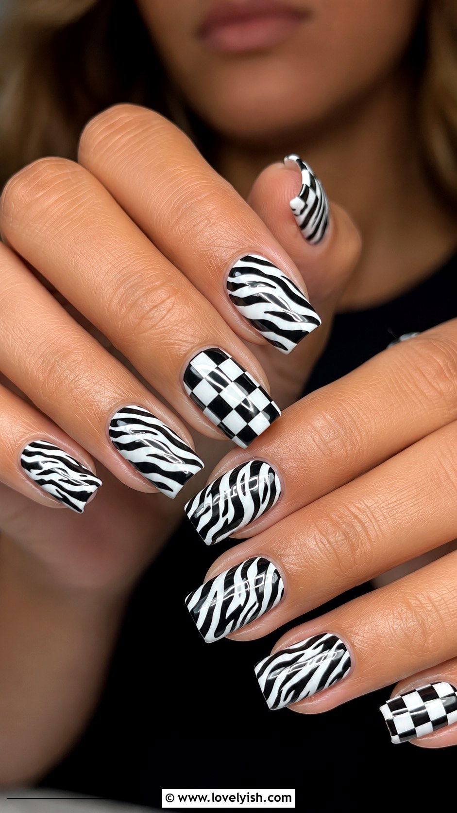 Zebra Print Nails with Checkerboard Accents - 50 zebra print nails - 50 zebra print nails
