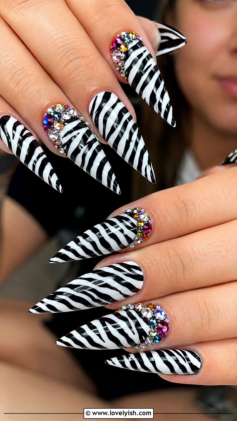 Zebra Print Nails with Gemstone Embellishments - 50 zebra print nails - 50 zebra print nails