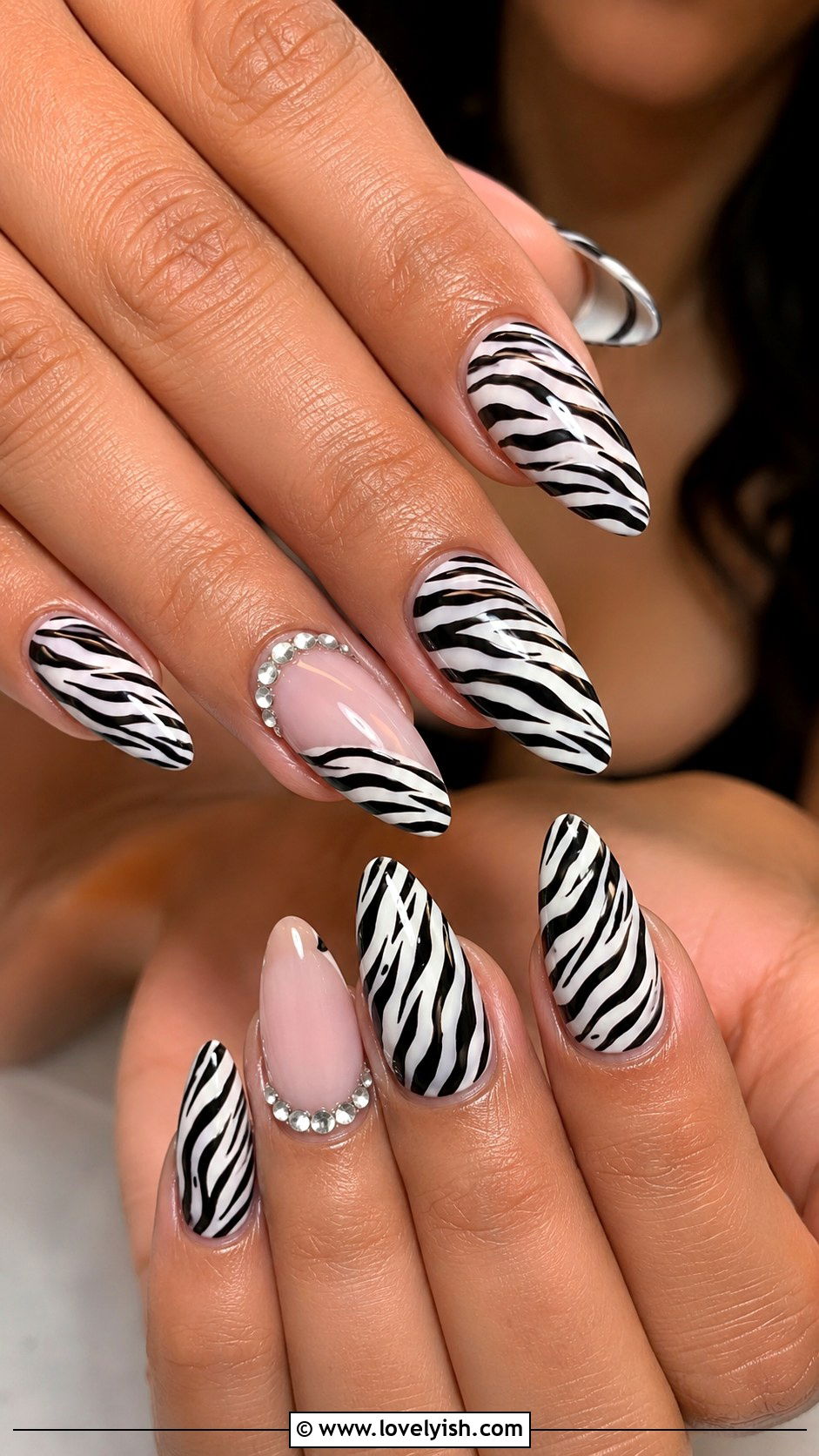 Zebra Print Nails with Rhinestones - 50 zebra print nails - 50 zebra print nails
